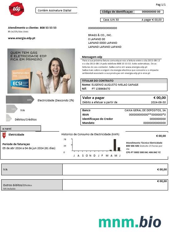 Portugalia EDP electricity rachunek za usługi komunalne szablon w formacie Word i PDF